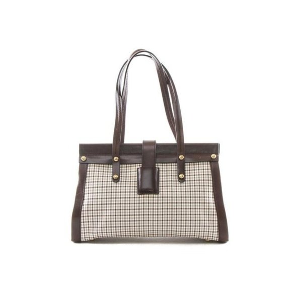 Bally Vintage Brown Leather And Bluish Grey Plaid Canvas Satchel - Picture 4 of 12